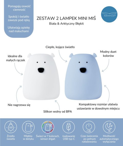 Rabbit & Friends Mini Miś – zestaw 2 lampek nocnych, biały i arktyczny błękit