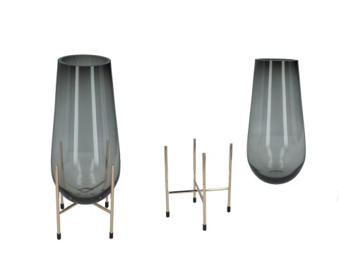 Wazon ze szarego szkła na złotym stojaku - 37 cm