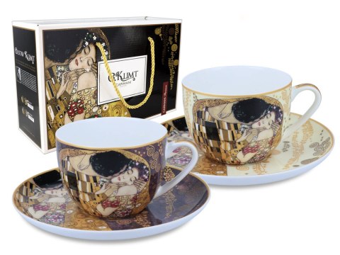 CARMANI Klimt Pocałunek — 2 filiżanki ze spodkami, 250 ml, kremowe i brązowe tło