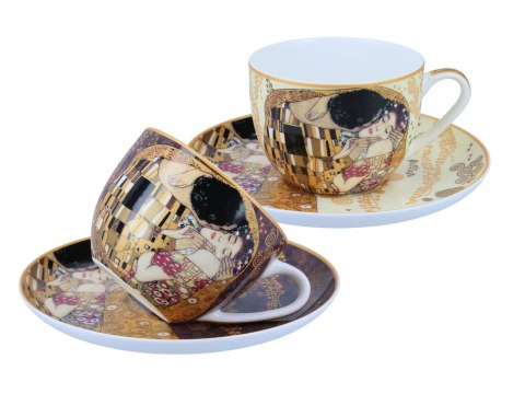 CARMANI Klimt Pocałunek — 2 filiżanki ze spodkami, 250 ml, kremowe i brązowe tło