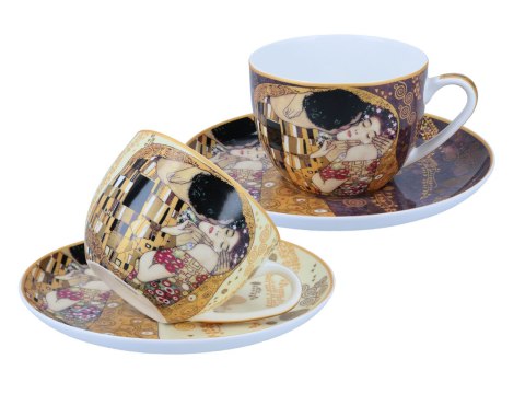 CARMANI Klimt Pocałunek — 2 filiżanki ze spodkami, 250 ml, kremowe i brązowe tło