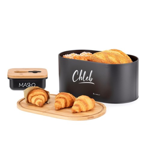 Komplet kuchenny E-6079 — chlebak, 4 pojemniki i maselniczka, czarny