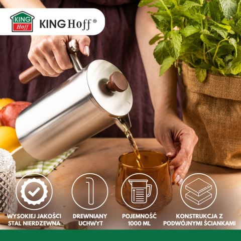 KINGHOFF KH-1995 — stalowy French press z drewnianym uchwytem, 1 l
