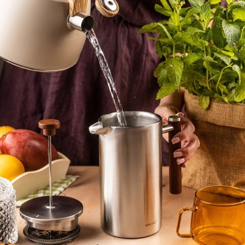 KINGHOFF KH-1995 — stalowy French press z drewnianym uchwytem, 1 l
