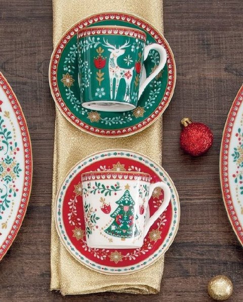 Easy Life Christmas Folk — 4 filiżanki espresso ze spodkami, 100 ml