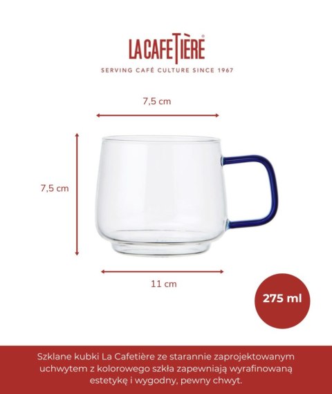 Zestaw 2 kubków szklanych La Cafetière z niebieskim uchwytem, 275 ml