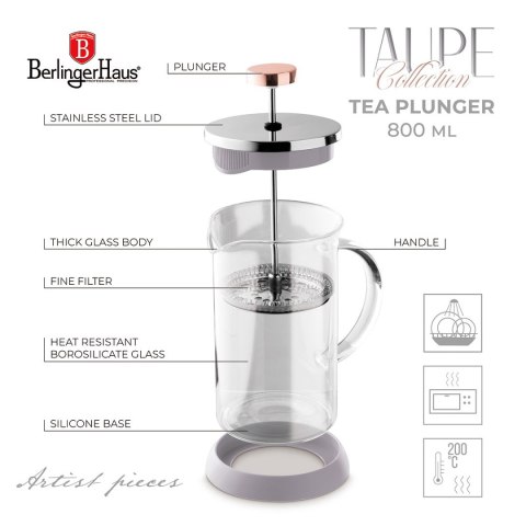 BERLINGER HAUS Taupe BH-8589 — szklany French press do kawy i herbaty, 800 ml