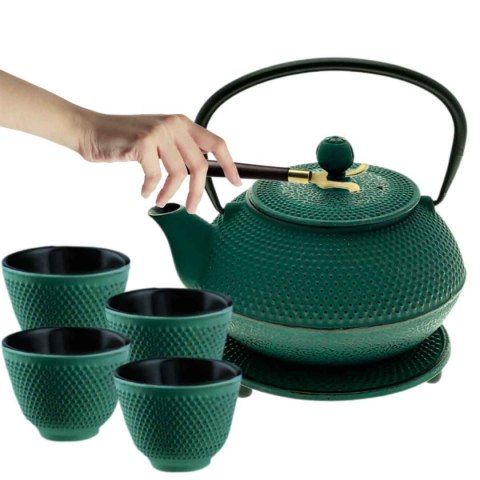 Zestaw herbaciany - imbryk żeliwny 900 ml i 4 czarki, zielony