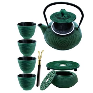 Zestaw herbaciany - imbryk żeliwny 900 ml i 4 czarki, zielony, z podgrzewaczem