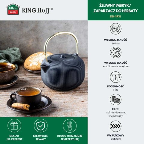 KINGHOFF KH-1931 — żeliwny imbryk z filtrem i złotym uchwytem, 1 l