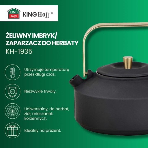 KINGHOFF KH-1935 – żeliwny dzbanek z filtrem, czarny ze złotymi akcentami, 1 l