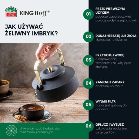 KINGHOFF KH-1935 – żeliwny dzbanek z filtrem, czarny ze złotymi akcentami, 1 l