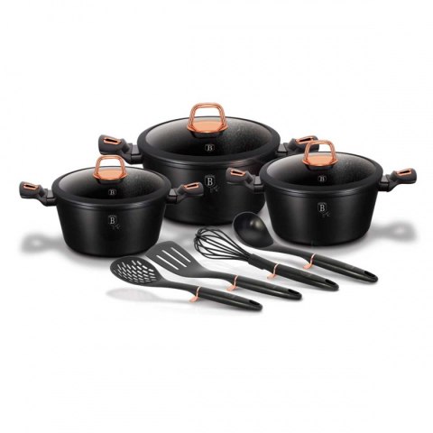 Berlinger Haus BH-6154 BLACK ROSE — zestaw 3 garnków z pokrywkami i 4 przyborami