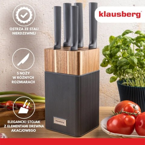 KLAUSBERG KB-7982 — komplet 5 noży w bloku z drewnem akacjowym