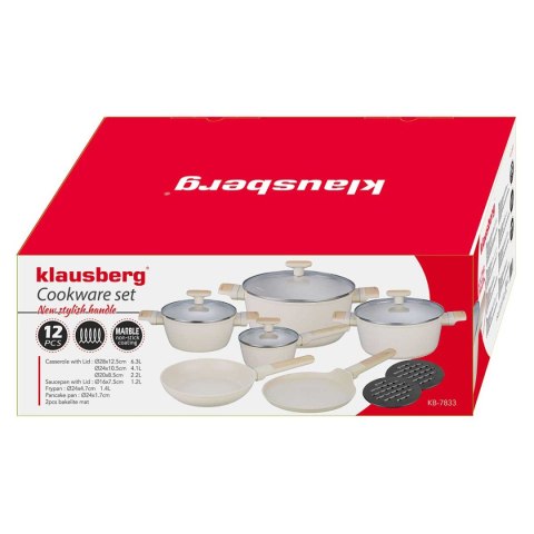 Klausberg KB-7833 – kremowy zestaw garnków i patelni z powłoką marmurkową
