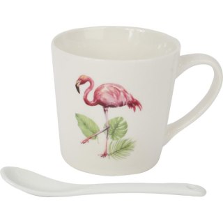 Zestaw prezentowy kubek i łyżeczka ceramiczna we flamingi z liśćmi