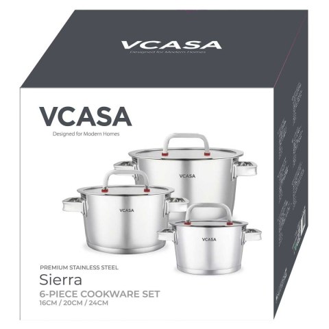 VCASA SIERRA VC-90108 – zestaw 3 garnków z pokrywkami, 6 elementów