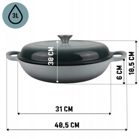 HAGE Sea Salt – płytki garnek żeliwny emaliowany, miętowy, 30 cm, 3 l